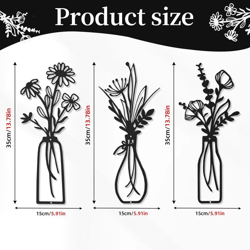 3-Piece Metal Vase Floral Wall Art - Rustic Farmhouse