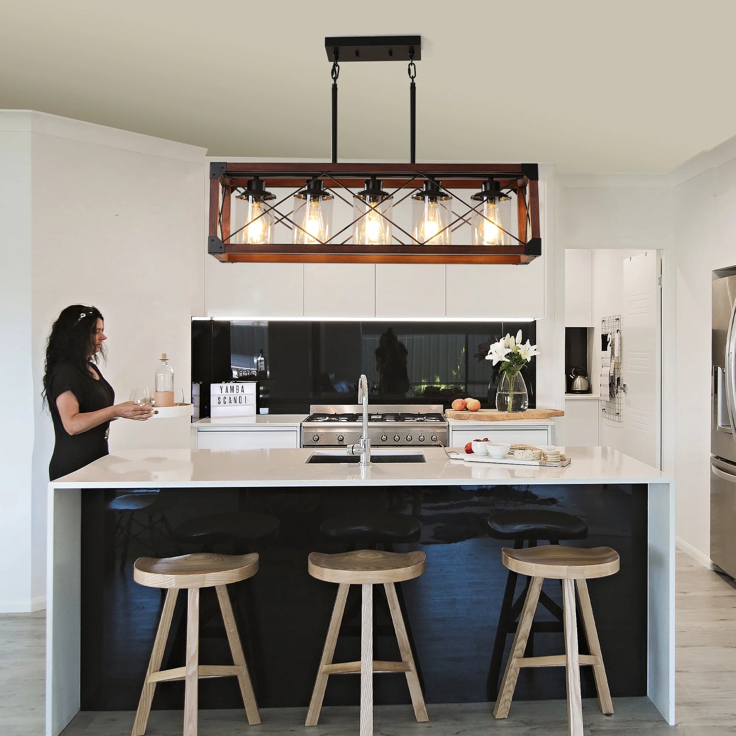 31“ Farmhouse Rectangle Pendant Light - Wood & Iron Metal Frame, Glass lampshade