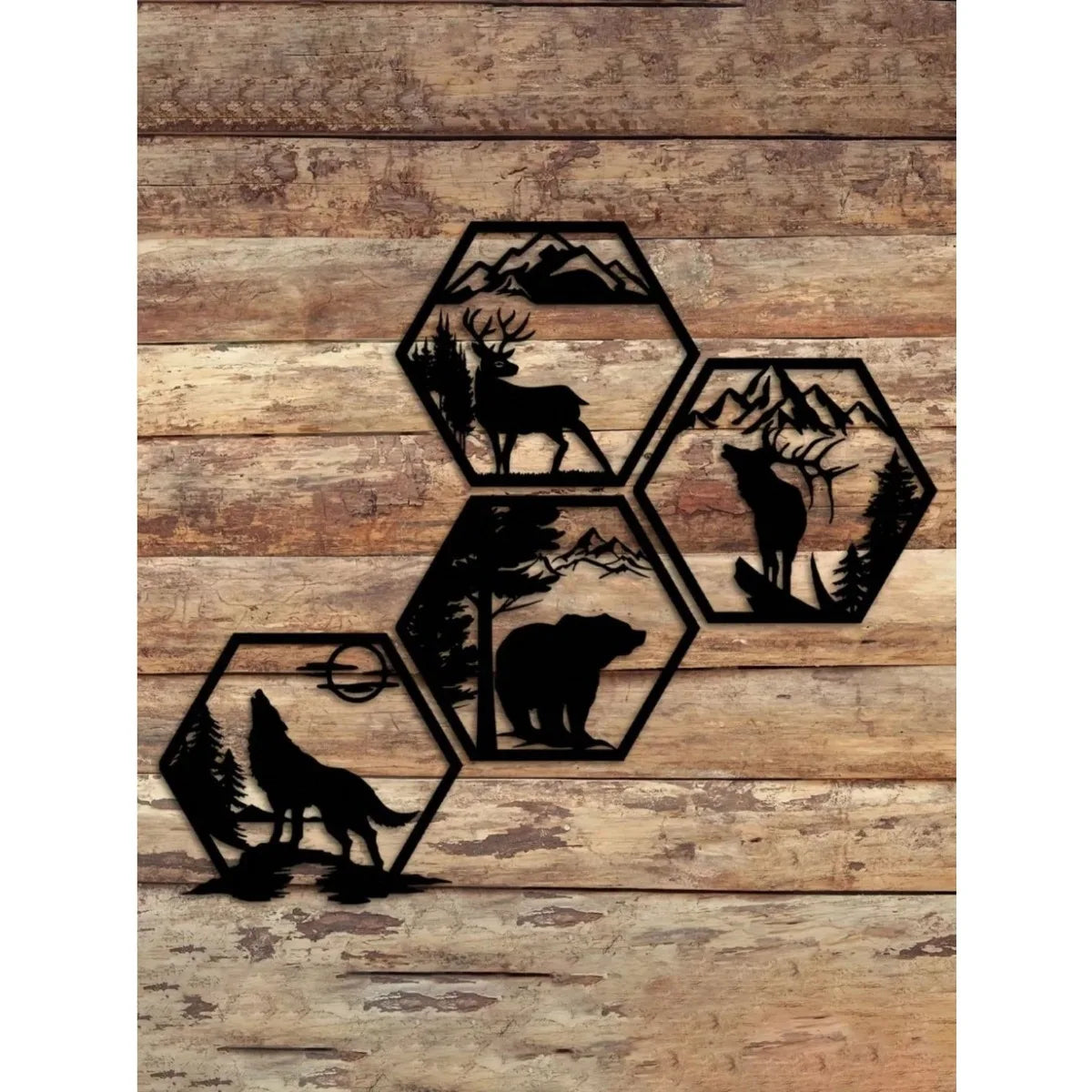 4PC Hexagon Animal (Deer/Elk/Wolf/Bear) Metal Wall Sign