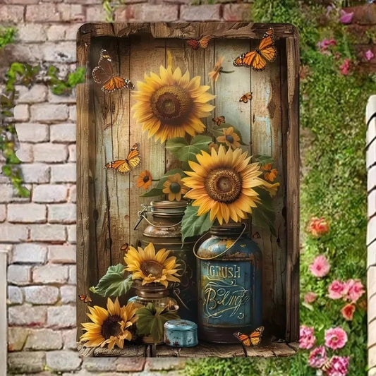 Vintage Farmhouse Metal Wall Art, Sunflower Butterfly Sign for Indoor Outdoor Decor