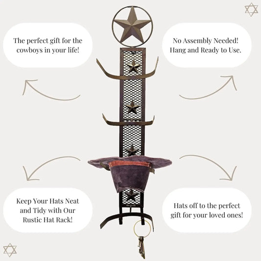 Western Metal Star Cowboy Hat Rack, Wall Mounted Organizer Rustic