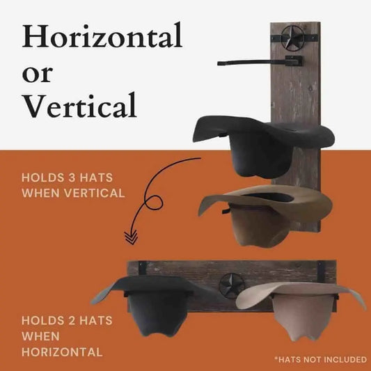 Western Wall Hat Rack for Cowboy Hats - Wood and Metal Holder, Protects Shape, Hangs Vertically