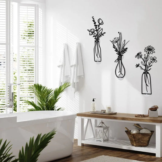 3-Piece Metal Vase Floral Wall Art - Rustic Farmhouse