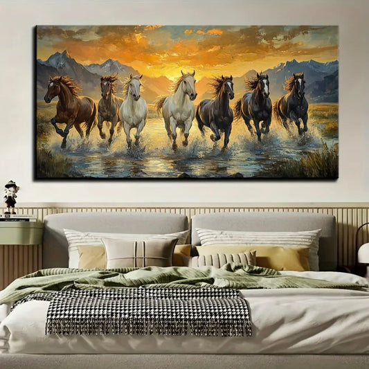 Seven horse canvas wall art with pine frame