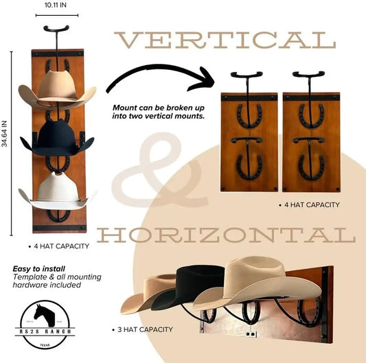 Wooden Wall-Mounted Cowboy Hat Rack with Metal Horseshoe Accents