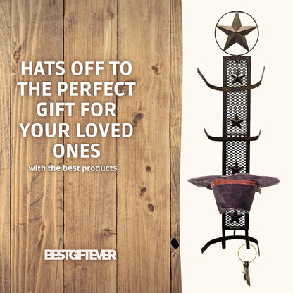 Western Metal Star Cowboy Hat Rack, Wall Mounted Organizer Rustic