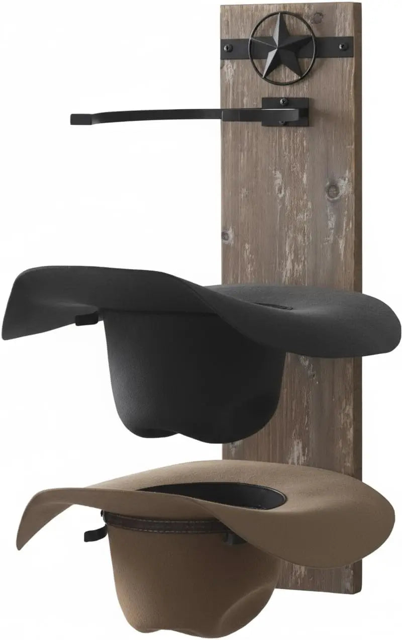 Western Wall Hat Rack for Cowboy Hats - Wood and Metal Holder, Protects Shape, Hangs Vertically