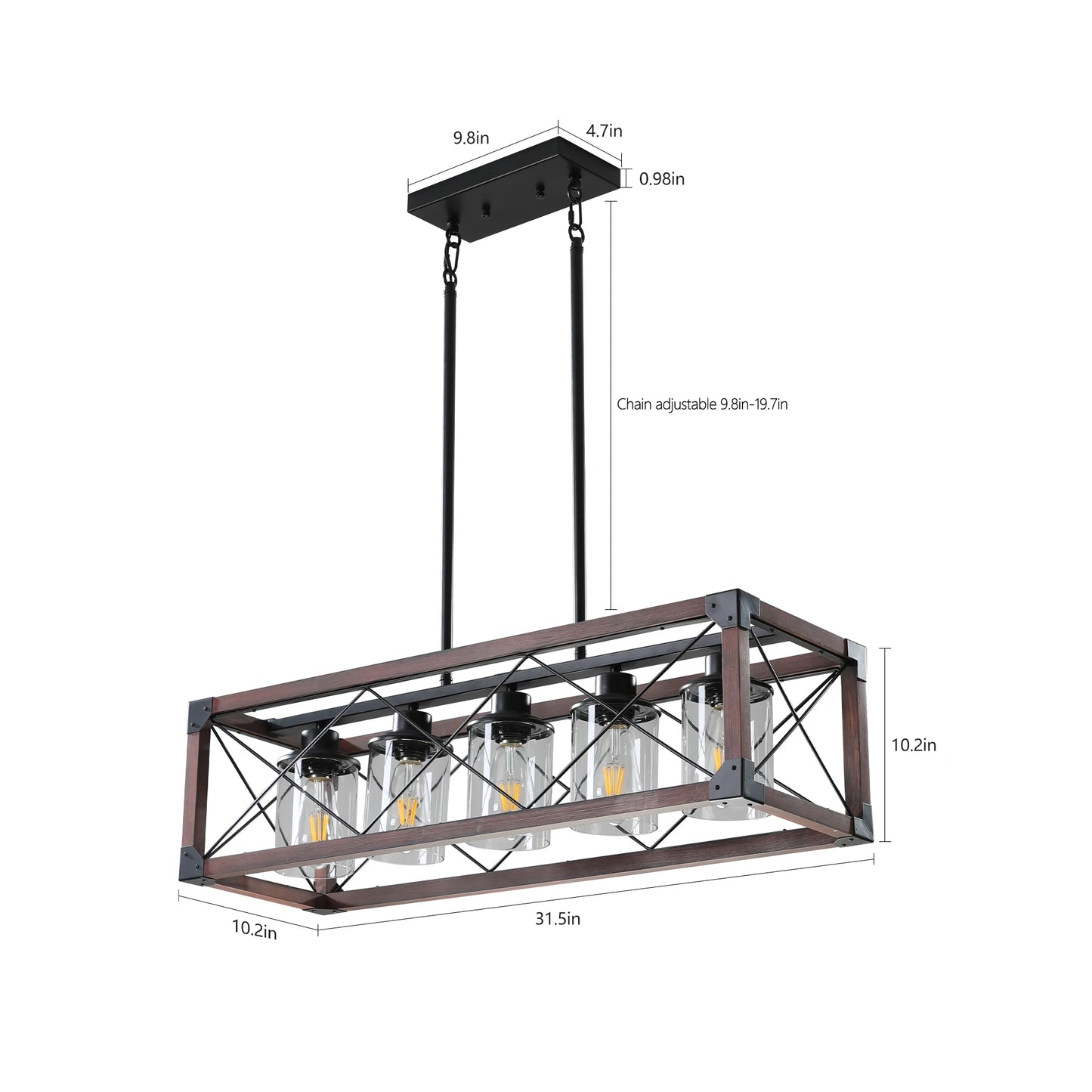 31“ Farmhouse Rectangle Pendant Light - Wood & Iron Metal Frame, Glass lampshade