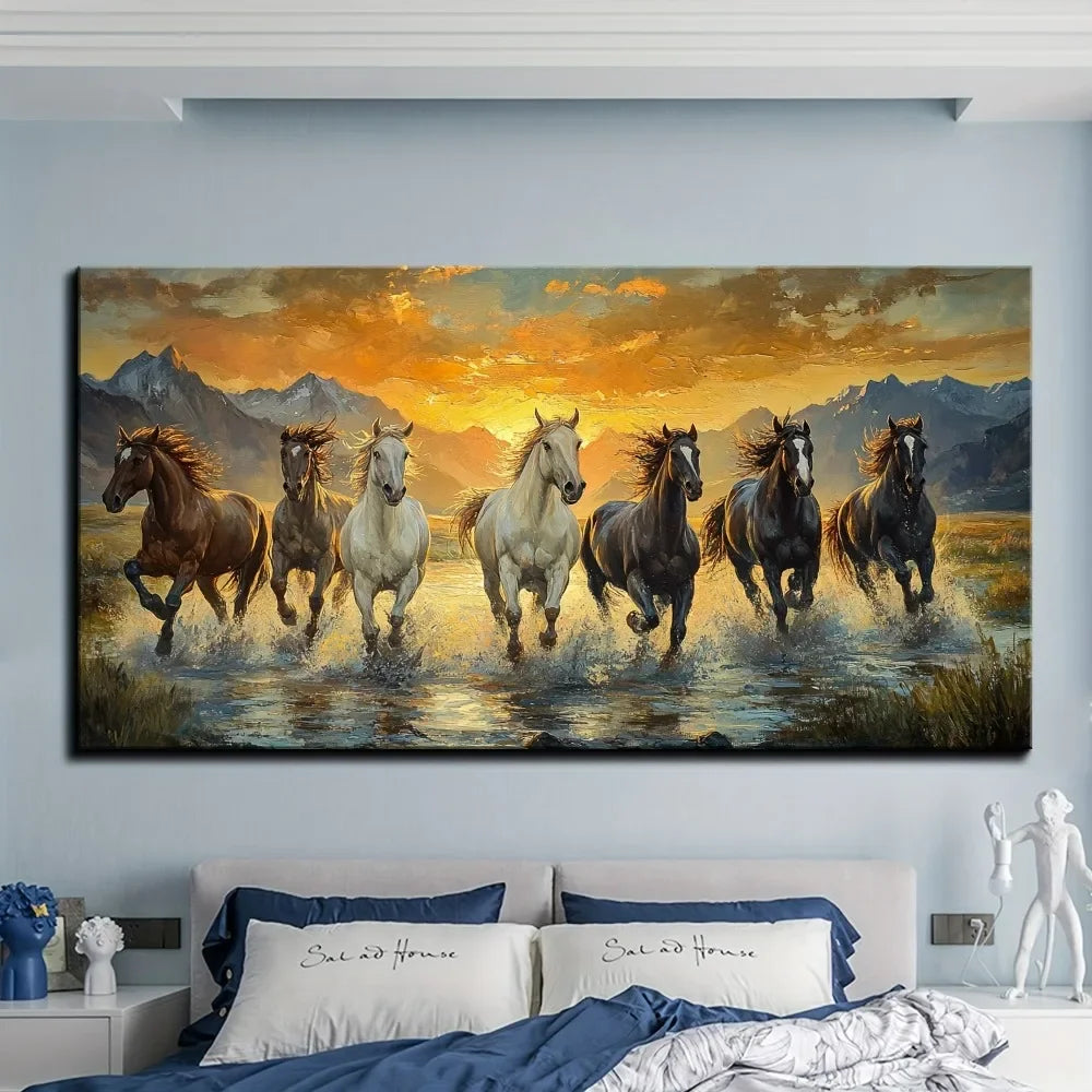 Seven horse canvas wall art with pine frame