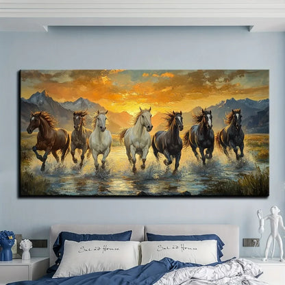 Seven horse canvas wall art with pine frame