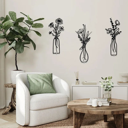 3-Piece Metal Vase Floral Wall Art - Rustic Farmhouse