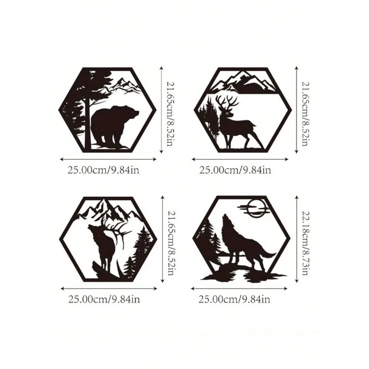 4PC Hexagon Animal (Deer/Elk/Wolf/Bear) Metal Wall Sign
