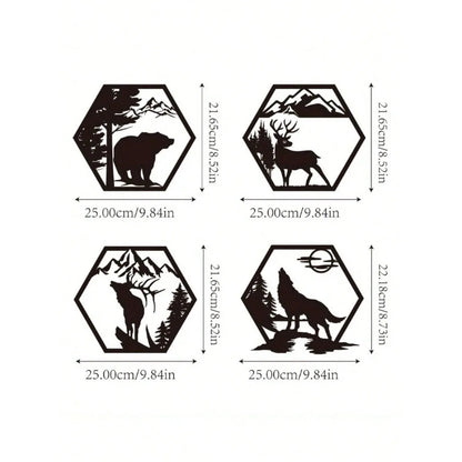 4PC Hexagon Animal (Deer/Elk/Wolf/Bear) Metal Wall Sign