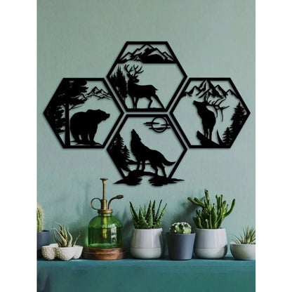 4PC Hexagon Animal (Deer/Elk/Wolf/Bear) Metal Wall Sign