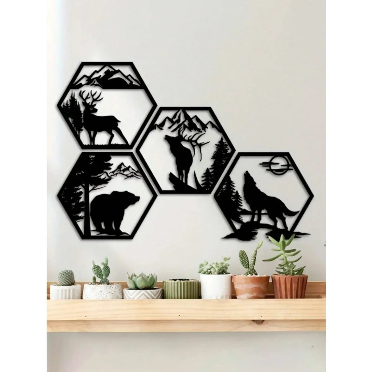 4PC Hexagon Animal (Deer/Elk/Wolf/Bear) Metal Wall Sign