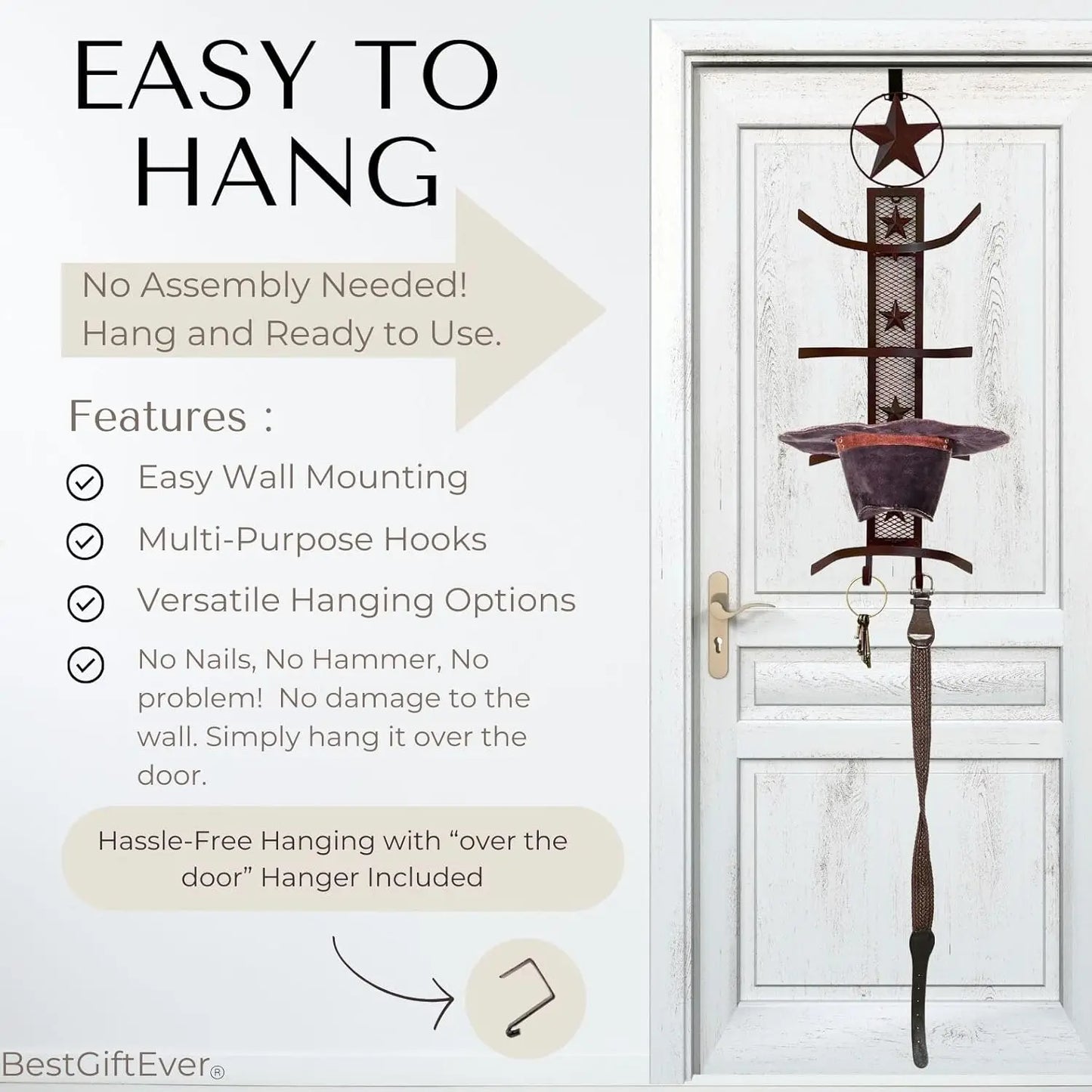 Western Metal Star Cowboy Hat Rack, Wall Mounted Organizer Rustic