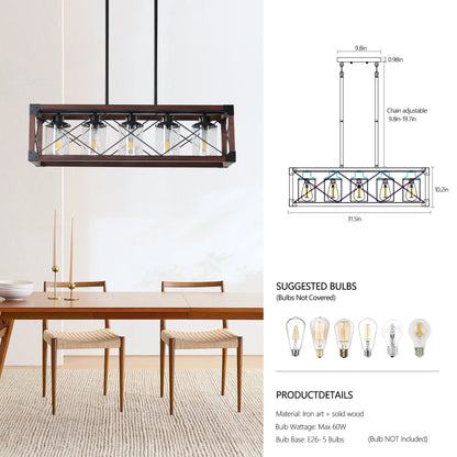 31“ Farmhouse Rectangle Pendant Light - Wood & Iron Metal Frame, Glass lampshade