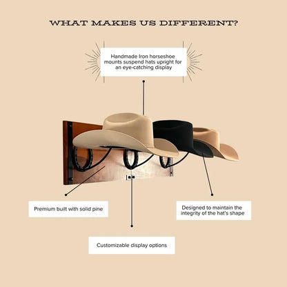 Wooden Wall-Mounted Cowboy Hat Rack with Metal Horseshoe Accents