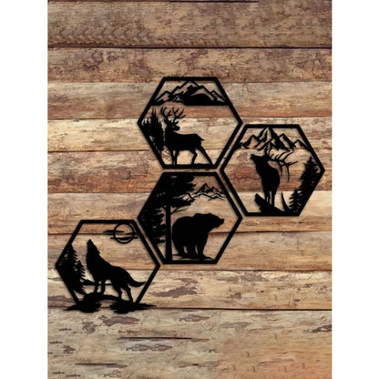 4PC Hexagon Animal (Deer/Elk/Wolf/Bear) Metal Wall Sign