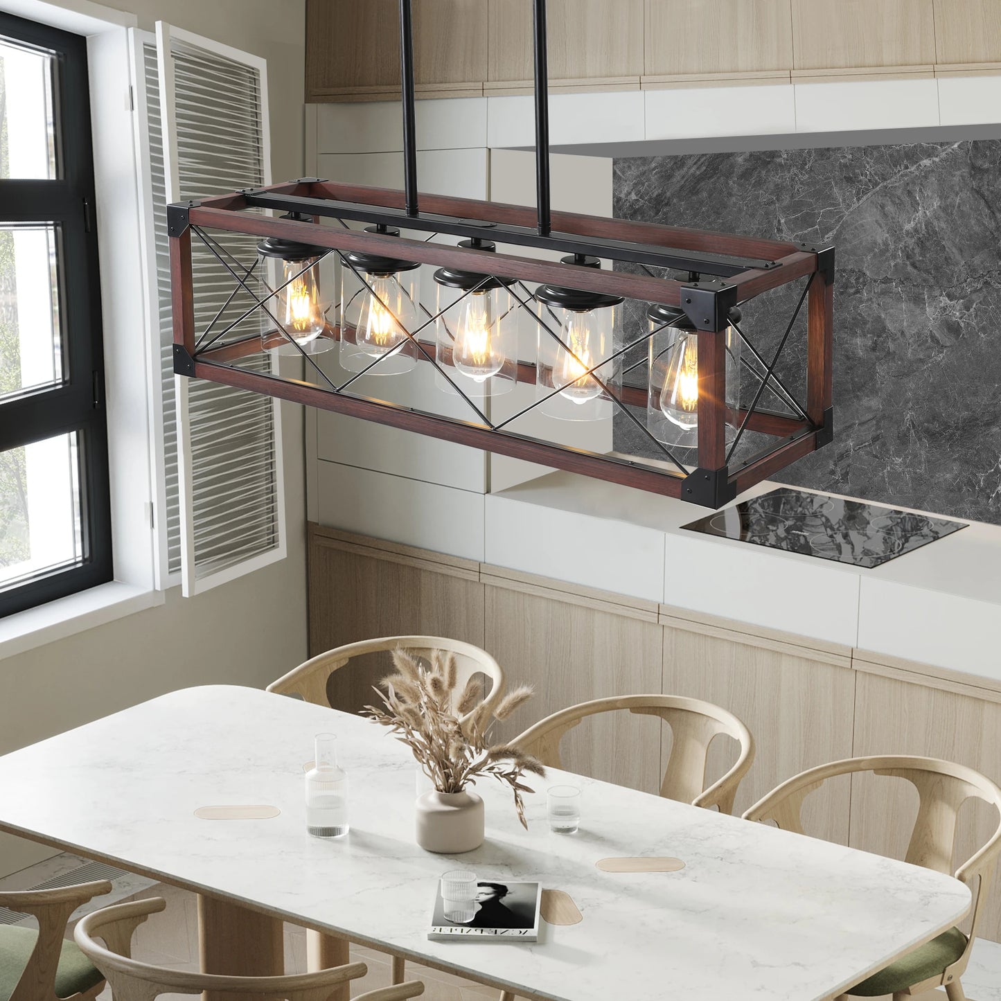 31“ Farmhouse Rectangle Pendant Light - Wood & Iron Metal Frame, Glass lampshade