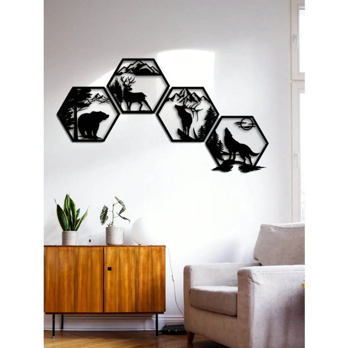 4PC Hexagon Animal (Deer/Elk/Wolf/Bear) Metal Wall Sign