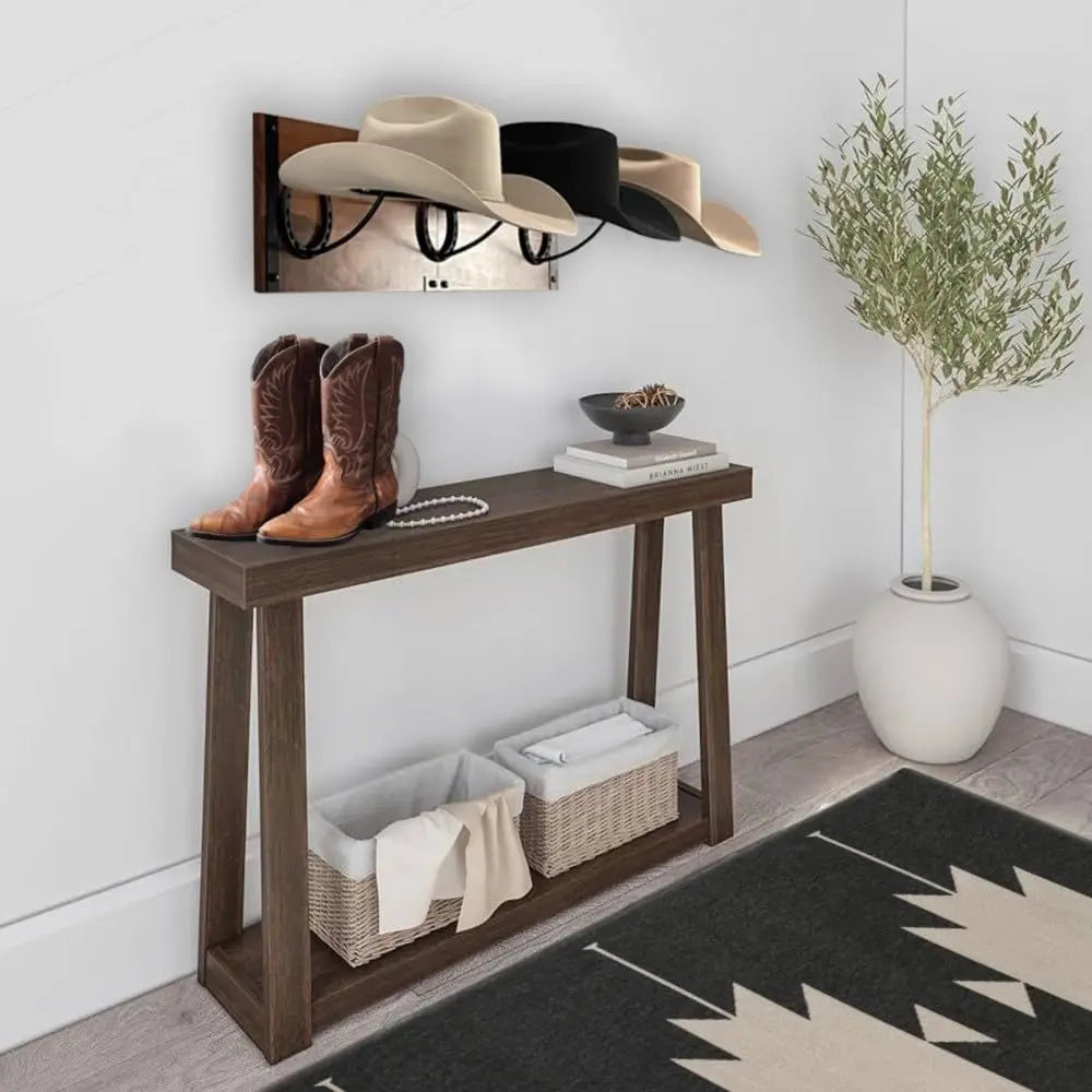 Wooden Wall-Mounted Cowboy Hat Rack with Metal Horseshoe Accents
