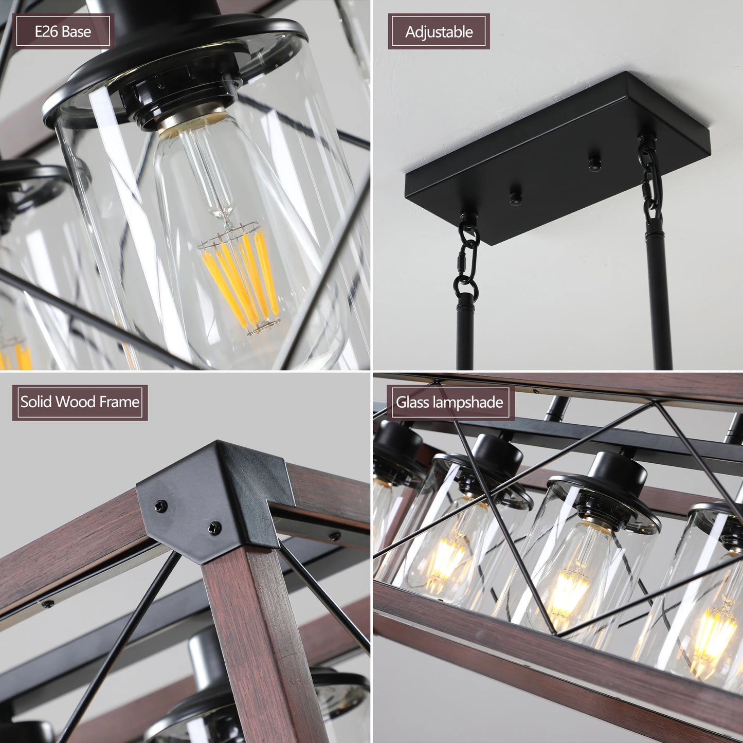 31“ Farmhouse Rectangle Pendant Light - Wood & Iron Metal Frame, Glass lampshade