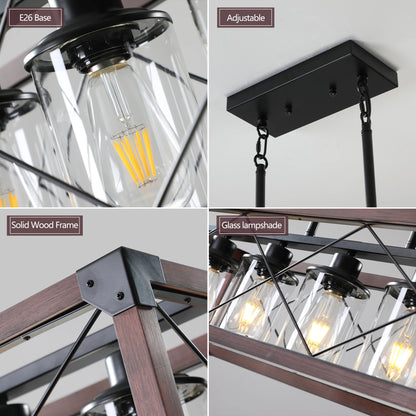 31“ Farmhouse Rectangle Pendant Light - Wood & Iron Metal Frame, Glass lampshade