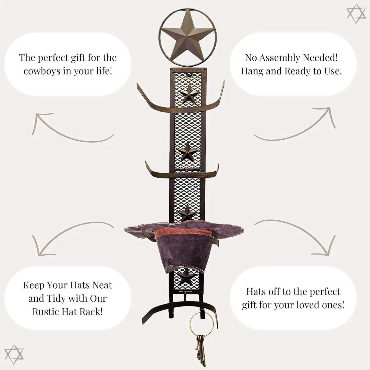 Western Metal Star Cowboy Hat Rack, Wall Mounted Organizer Rustic