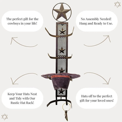 Western Metal Star Cowboy Hat Rack, Wall Mounted Organizer Rustic