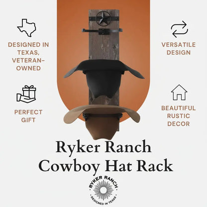 Western Wall Hat Rack for Cowboy Hats - Wood and Metal Holder, Protects Shape, Hangs Vertically