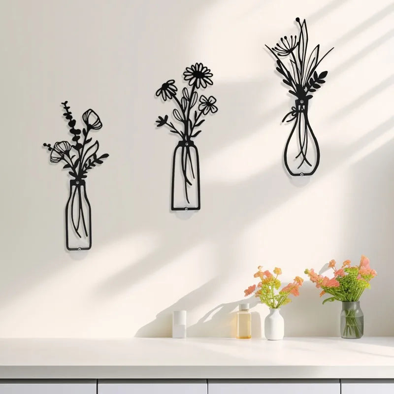 3-Piece Metal Vase Floral Wall Art - Rustic Farmhouse