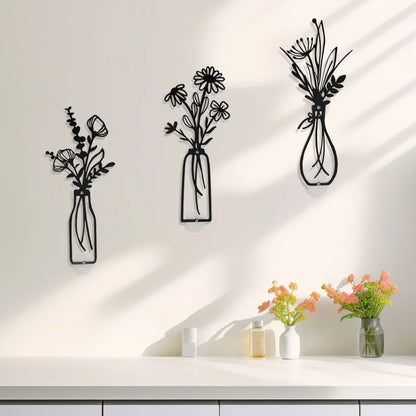 3-Piece Metal Vase Floral Wall Art - Rustic Farmhouse