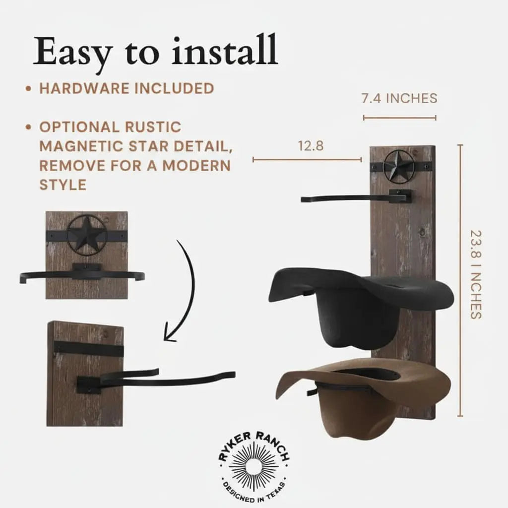 Western Wall Hat Rack for Cowboy Hats - Wood and Metal Holder, Protects Shape, Hangs Vertically