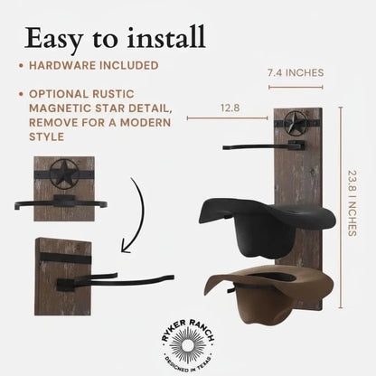 Western Wall Hat Rack for Cowboy Hats - Wood and Metal Holder, Protects Shape, Hangs Vertically