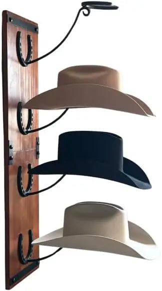 Wooden Wall-Mounted Cowboy Hat Rack with Metal Horseshoe Accents
