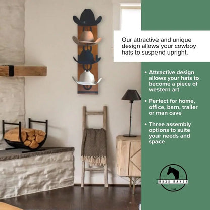 Wooden Wall-Mounted Cowboy Hat Rack with Metal Horseshoe Accents