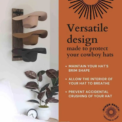 Western Wall Hat Rack for Cowboy Hats - Wood and Metal Holder, Protects Shape, Hangs Vertically