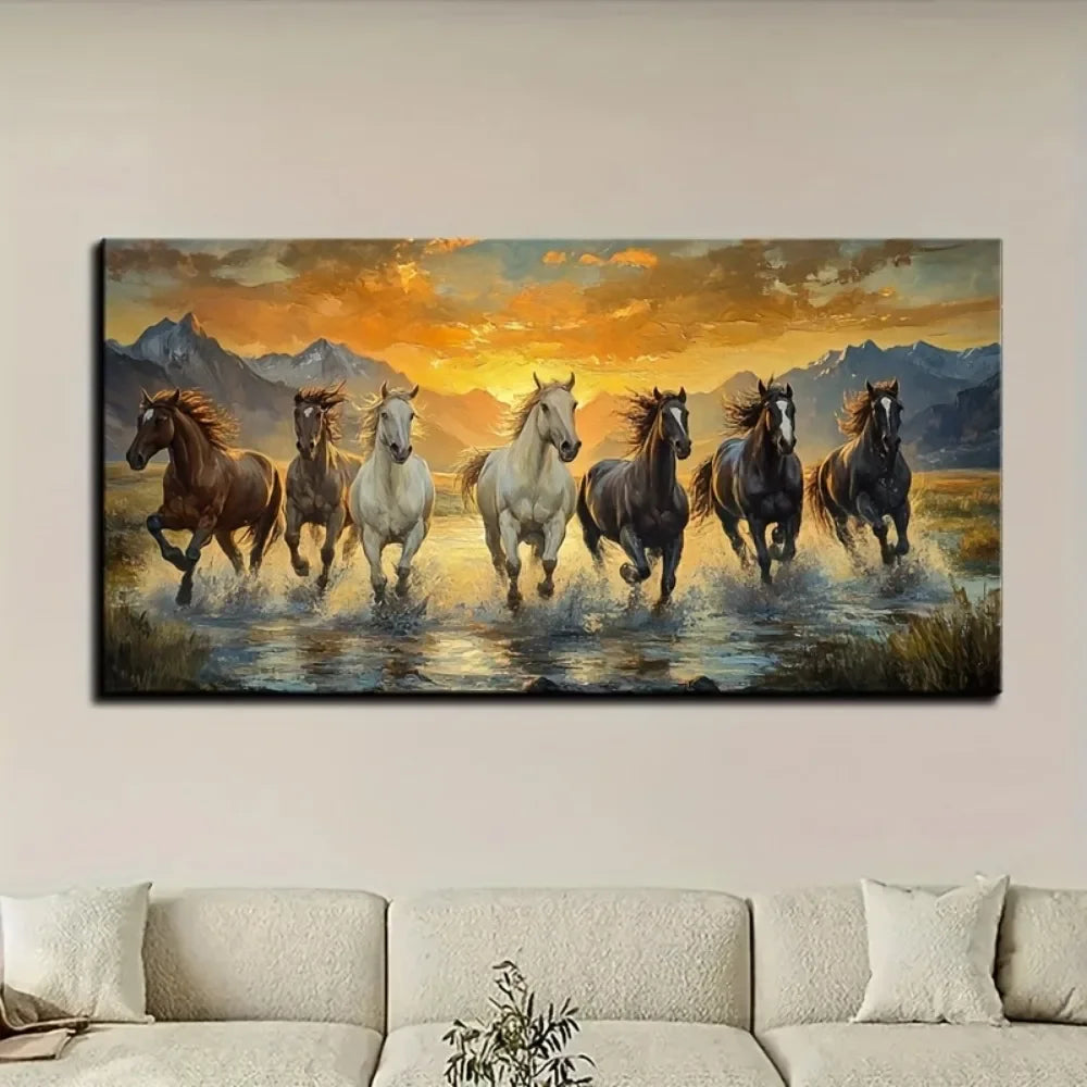 Seven horse canvas wall art with pine frame