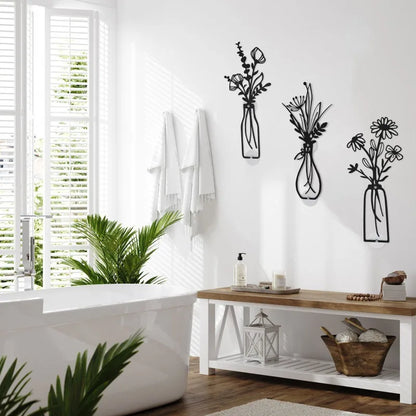 3-Piece Metal Vase Floral Wall Art - Rustic Farmhouse