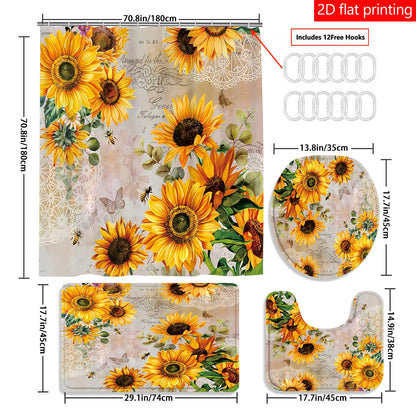 4pcs Sunflower shower curtain set