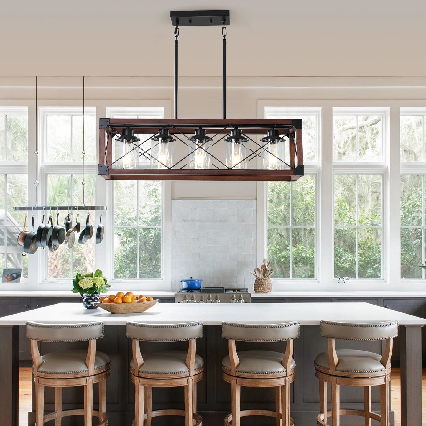 31“ Farmhouse Rectangle Pendant Light - Wood & Iron Metal Frame, Glass lampshade