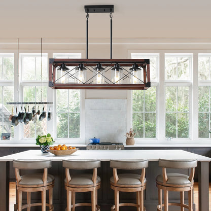 31“ Farmhouse Rectangle Pendant Light - Wood & Iron Metal Frame, Glass lampshade