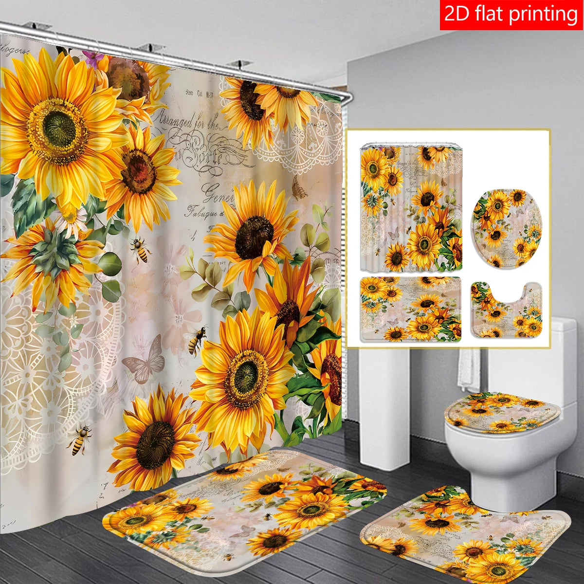 4pcs Sunflower shower curtain set