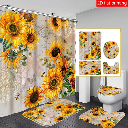 4pcs Sunflower shower curtain set
